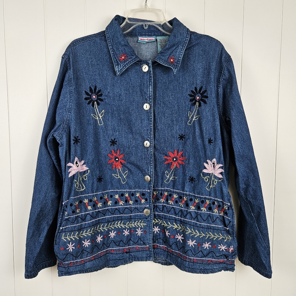 Vintage Denim Shirt Jacket Embroidered Floral Pockets Womens XL Nectar Grandma